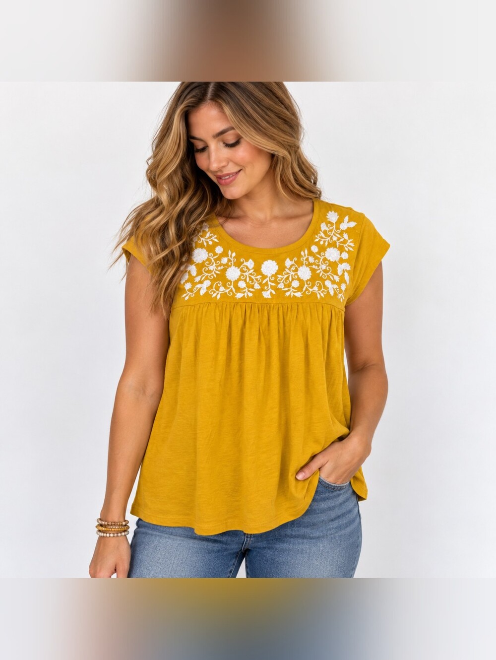 J.Crew Womens Small Mustard Yellow Embroidered Floral Babydoll Top Fall Top Boho